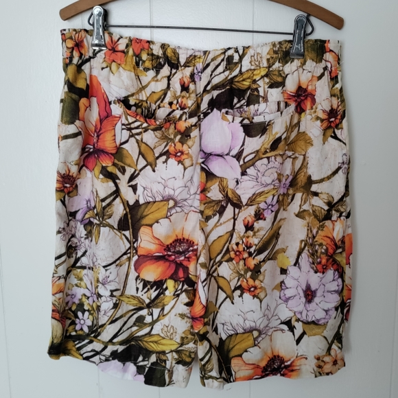 Linen drawstring shorts elastic back Bermuda long watercolor floral print boho - Picture 2 of 4